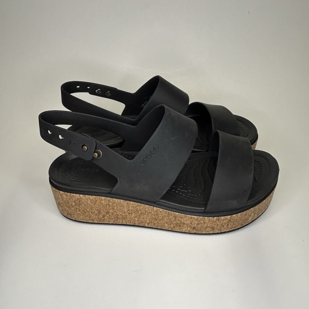 Crocs Brooklyn Sandal Women 6 Black Cork Comfort Platform Wedge Chunky Slingback